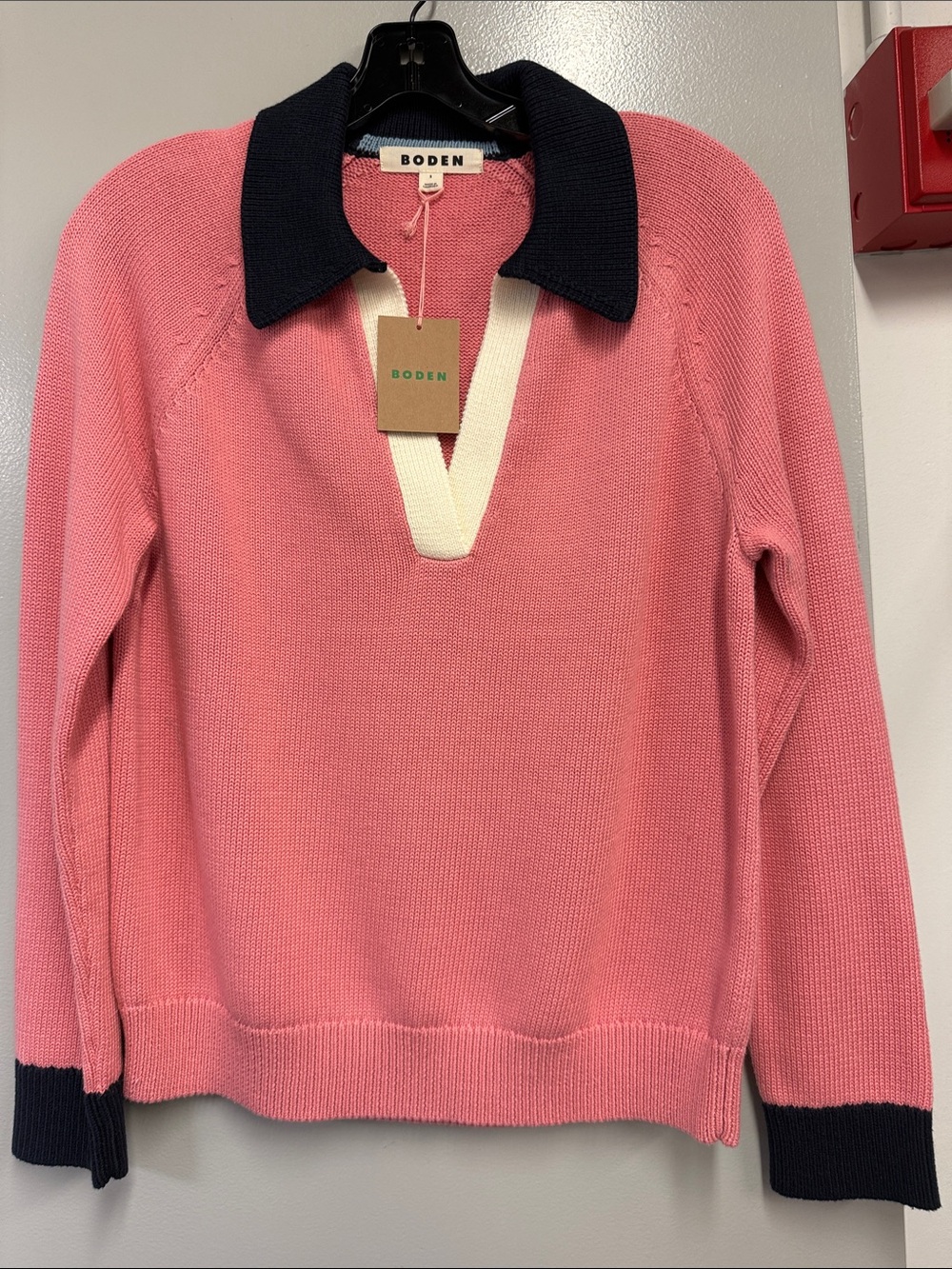 Boden Pink V-Neck Polo Sweater with Navy Trim and Cream Placket